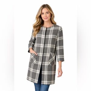 Trisha Tyler Gray Plaid Zip Front Jacket Longline Lightweight Coat